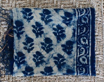 Stunning Amazingly Gorgeous Chunky Indian Hand Block Printed Fabric Scarf, Wrap, Throw, Shawl 100% Cotton Voile and Silk Indigo