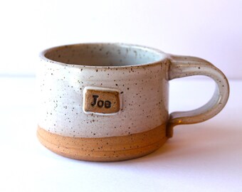 Personalized Coffee Mug, Tea Mug, handmade pottery, Farmhouse Style, Cafe Style, speckled clay and white speckled glaze...MADE TO ORDER