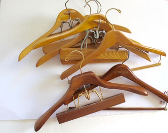 Vintage Old Wooden Suit Hangers / Lot of 7 / Advertising Setwell Esquire Harmony Natural Clothes Clothing Closet Storage Decor Hangers