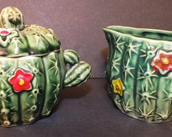Vintage Cactus Sugar Bowl and Creamer Set