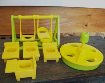 Fisher Price Little People accessories, FP student desk, FP swing set, FP merry-go-round, Play Family School 923