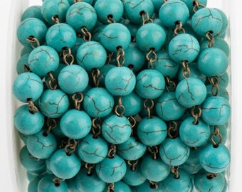 3 ft (1 yard) TURQUOISE BLUE Howlite Rosary Chain, bronze wire links, 10mm round stone bead chain, fch0715a