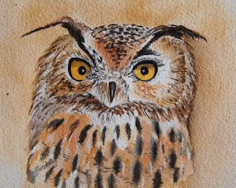 hibou grand duc, oiseaux, nature, oiseaux de proie,art, art animalier, aquarelle originale signée