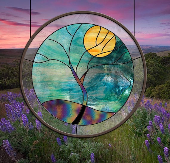 Round Stained Glass Window Blue Teal Rain Tree Yellow teal