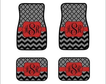 Monogram Car Floor Mats Front Car Mats Rear Car Mat Custom Car Mats Personalized Car Gift Sweet 16 Gift Black Gray Chevrons Poppy Red