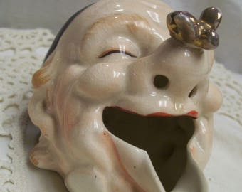 Vintage Ashtray Oriental Man with Fly on Nose Made in Japan Mid Century "Smoker" Ash Tray 1950s Hand Painted Novelty Ashtray Collector