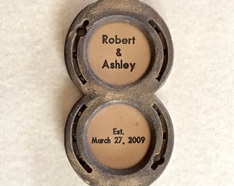 HORSESHOE number 8, 8th anniversary gift with bronze (traditional 8th gift) plate, engraving available. Country western theme.