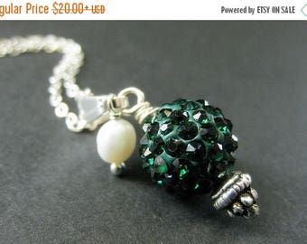 BACK to SCHOOL SALE Dark Green Kissing Ball Necklace. Rhinestone Necklace with Fresh Water Pearl. Handmade Jewelry.