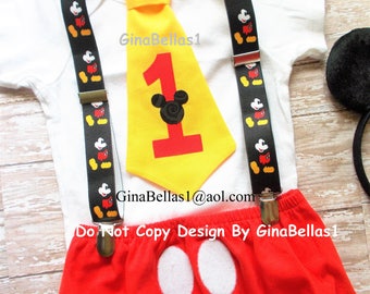 Mickey Mouse Birthday cake smash outfit MM suspenders FREE EARS clubhouse baby I am one 1 tie 1st diaper cover necktie 6 9 12 18 24 toddler