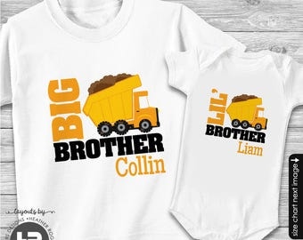Dump Truck Big Brother Shirt & Dump Truck Little Brother Shirt or Bodysuit - 2 Personalized Construction Shirt - Monogram Baby Shower Gift