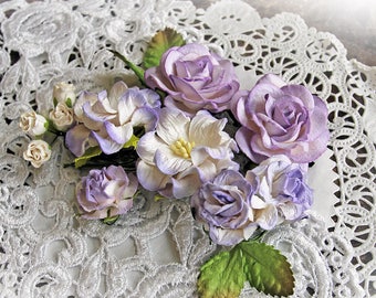 Reneabouquets Curly Roses & Gardenias Flower Set -Lilac And White Mulberry Paper Flowers - Set Of 16 Pieces In Organza Storage Bag