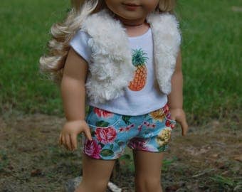SALE-3 piece outfit-American Girl Inspired clothing/18 inch doll clothes/doll shorts/fur vest/doll shirt/doll outifit/casual wear/Pineapple
