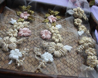 hand sewn embroidered flowers appliques, ribbon flowers embroidery appliques, 3d flower tulle applique, 2 sets