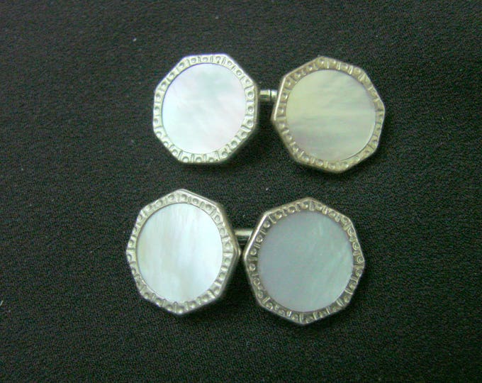 Art Deco Mother of Pearl Etched Silver Two Sided Cuff Links / Wedding / Groom / Groomsmen / Vintage Mens Suit Accessories