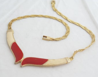 Necklace- Enamel Choker Braided Chain Statement V vintage 70's jewelry