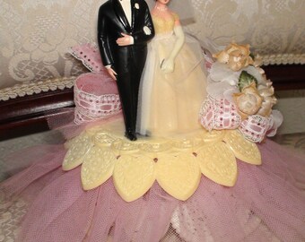 Vintage 1970s Retro Kitch Wedding Cake Topper Pink Tulle