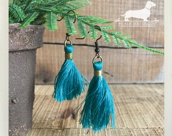 Turquoise Tassel. Dangle Earrings -- (Fringe, Long Earrings, Boho Chic, Modern, Colorful, Tassle Earrings, Statement Earrings, Under 10)