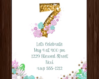 Birthday party invitation, gold number, flowers, 5 by 7, you print, digital file, personalized by me, Child's birthday party invitation