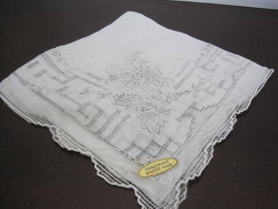 White Brides Hankie - Openwork Embroidery - Wedding Handkerchief - Orig Sticker