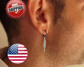 Mens Earring, Single Feather Earring for Men, Men's Jewelry - Black Mens Hoops - Mens Hoop Earrings - Guys Earrings - goth Gothic - BF12MM