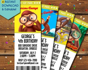 Curious George Invitation, Curious George Birthday Invitation, Curious George Party Invitation, Curious George Invite, Monkey Invitation
