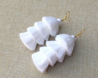 Pure White Tassel Earrings Layered White Tassle Earrings Tassel Drop Earrings Summer Jewelry 3" Tassel Earrings