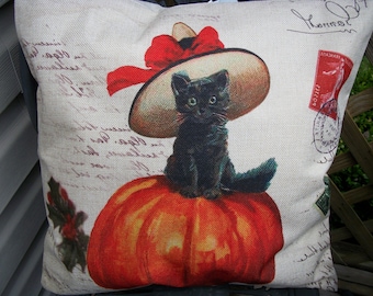 Black Cat with Hat and Orange Pumpkin Halloween Pillow Cover 18 x 18 Vintage Style Sofa Pillow Cover Fall Autumn Halloween Home Decor