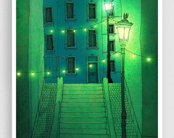 30% OFF SALE: Night walking - Paris illustration Montmartre Art illustration Giclee print Poster Architecture Home decor Wall art City print