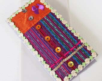Belle Carte Voeux, Anniversaire, Félicitations - Tendance Moderne - Tissu, sequins, cabochon, noeud satin - Création d'artiste, pièce unique