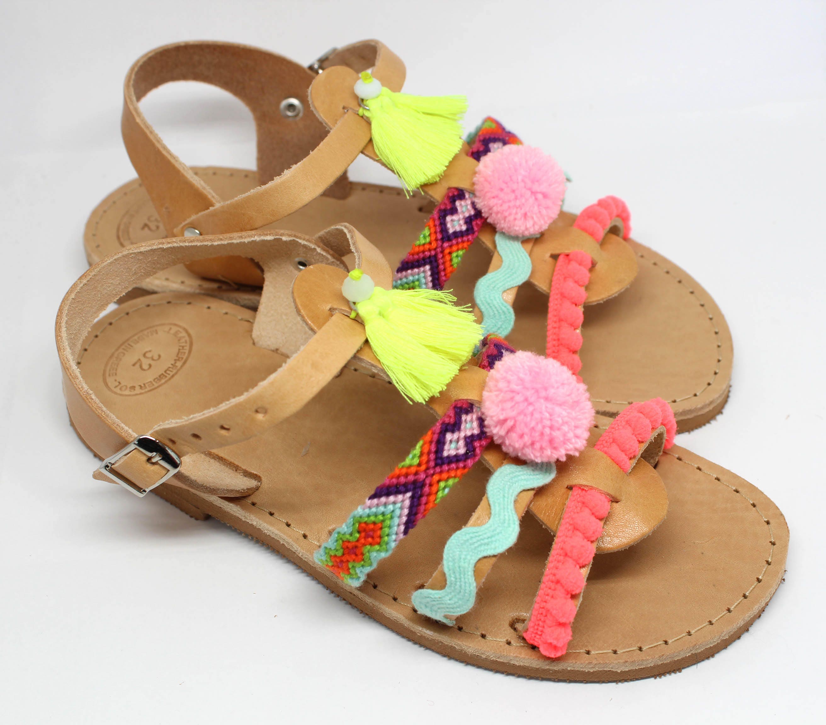 Summer Sandals. Sandals for girls. Neon flat sandals. Flower