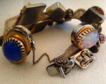 2Days Sale Victorian Revival Slide Bracelet/ Mesh & Faux Gemstone Vintage Slide Charms Multi Colored Stones