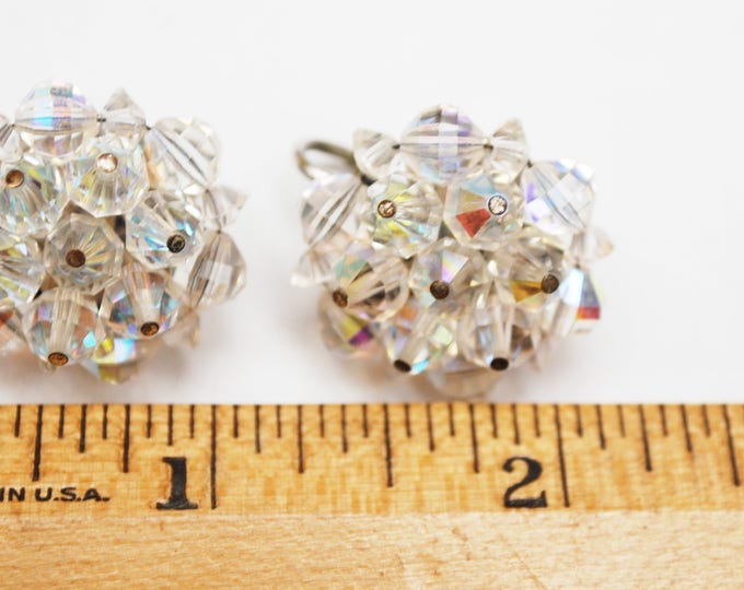 Crystal Bead Cluster Earrings - Signed Laguna - Aurora Borealis Glass beads - Clip on earrings