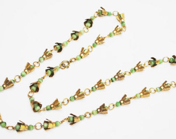 Bead Necklace - Brass Green glass - Art Deco - Boho -Peking Glass beads