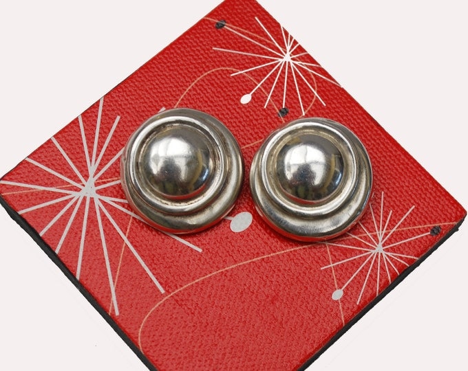 Sterling Silver Round earrings - Hollow ribbed - Modernistic - Clip on Earring