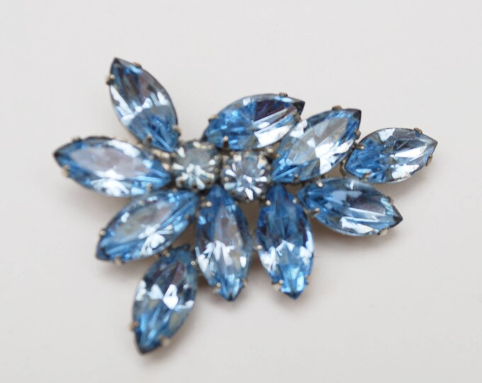 Light Blue Rhinestone Brooch - Flower Leaf floral pin - silver tone - mid century