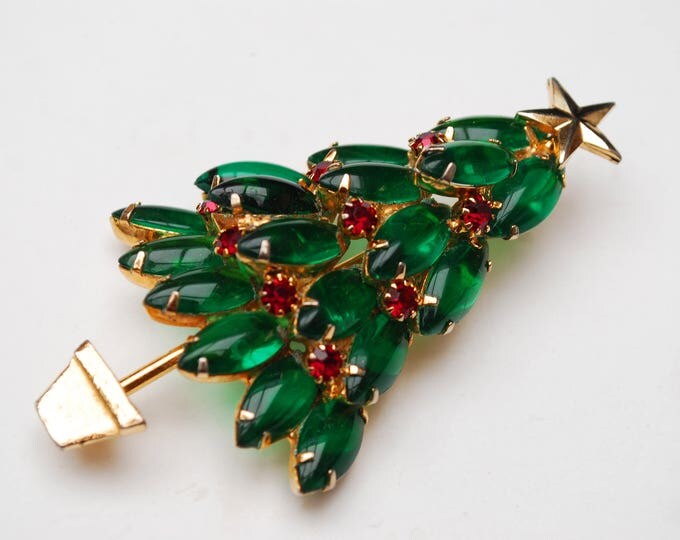 Large Rhinestone Christmas Tree Brooch - Green Red crystal Stones - Open back gold plated - 3 inch Holiday Pin