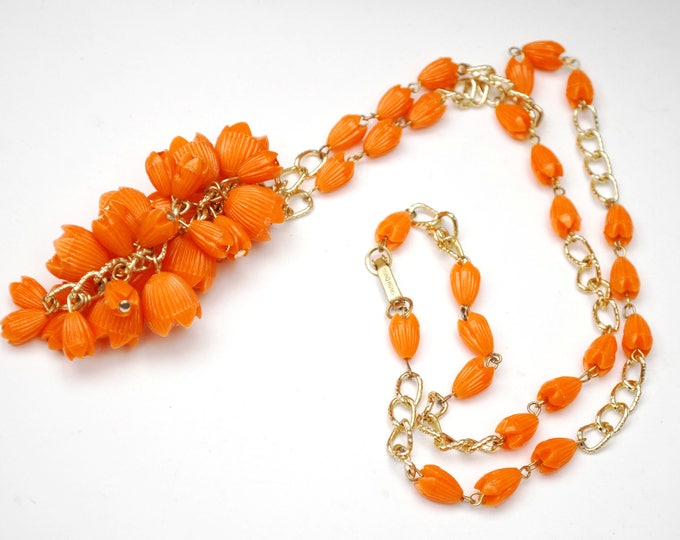 Orange Orange Bead Necklace - grape cluster tassel - gold chain - Signed Hong Kong - Lucite plastic