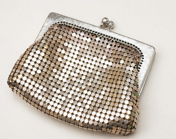 Silver Mesh Change Purse -Whiting and Davis signed - small silver metal clutch - coin pouch