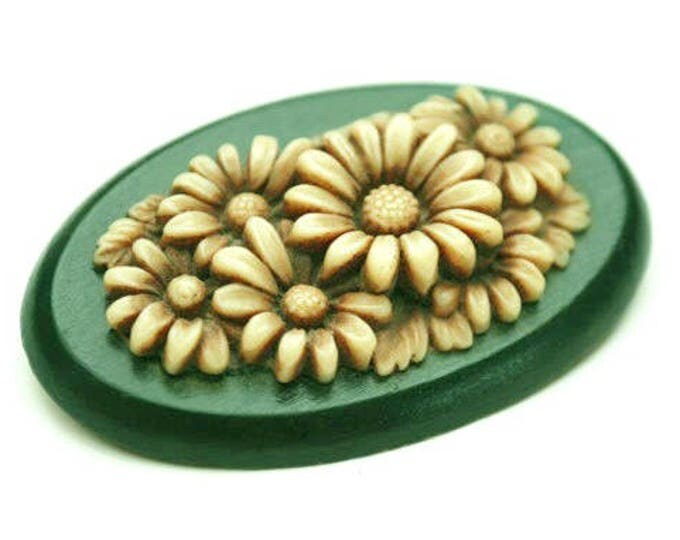 Celluloid Flower Brooch - Creamy Brown early plastic - Green wood - Oval Floral Pin