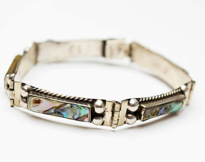 Small Sterling Abalone Bracelet - Shell inlay - Small Silver link braelet 6 1/2 inches long