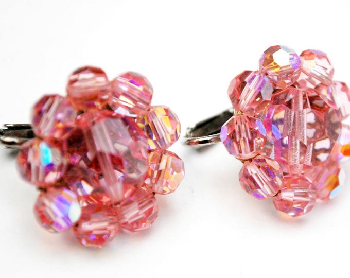 Coro Pink Crystal earrings - Bead Cluster - glass beads - Clip on earrings