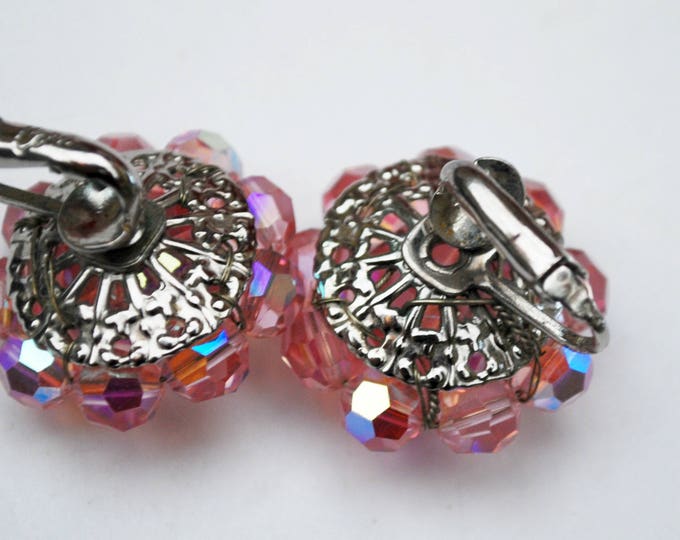 Coro Pink Crystal earrings - Bead Cluster - glass beads - Clip on earrings