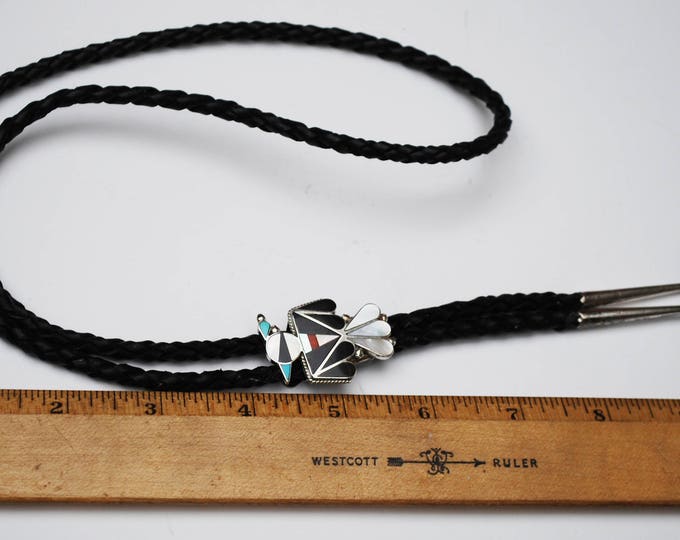 Thunderbird Bolo Tie - Gemstone inlay- Turquoise Onyx Coral Mother of Pearl - Leather - Sterling - SouthWestern - Zuni Tribal