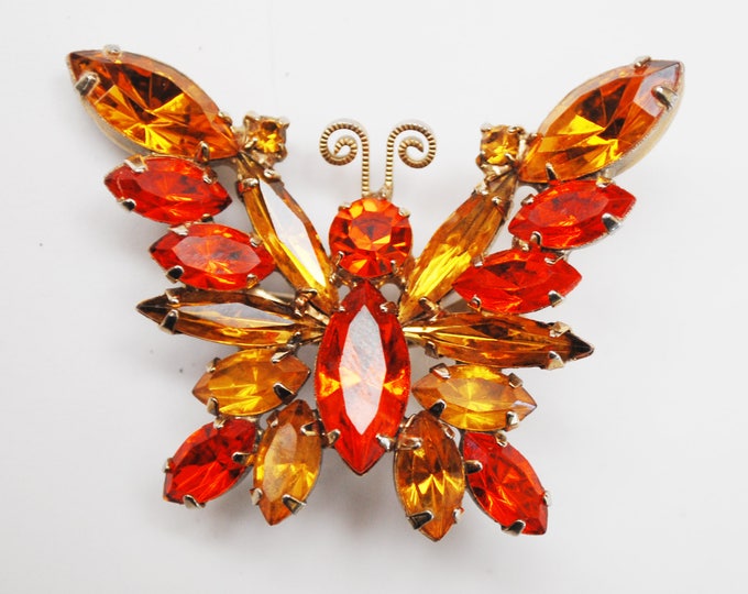 Butterfly Rhinestone Brooch - Orange Yellow crystal - gold - Insect pin - Mid Century Juliana style