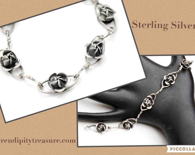 Sterling Flower Repousse Link Bracelet - Signed Augello Bros - Vintage Art Nouveau silver rose bud