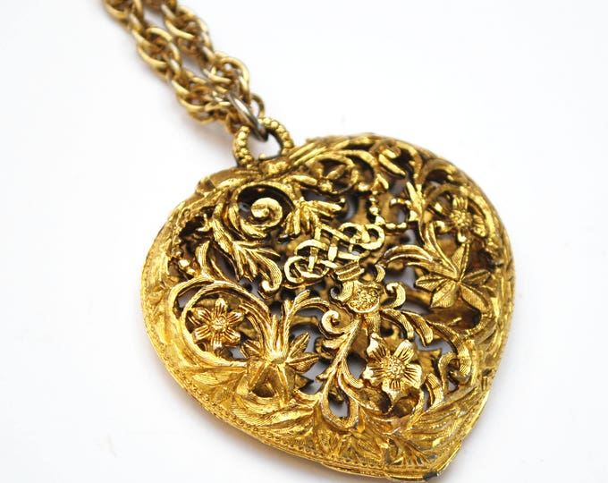 Vintage heart perfume Locket Pendant - open work repousse Gold - victorian Revival - Necklace
