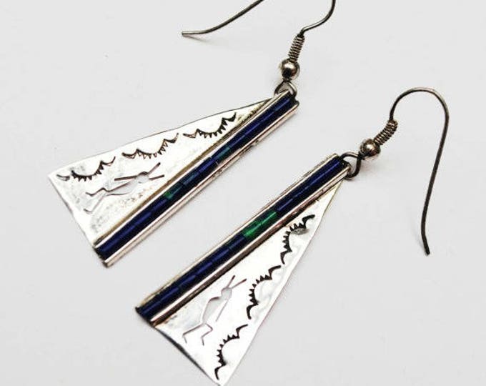 Azurite earrings - Sterling silver - tribal Triangle - dangle earrings - blue green gemstone