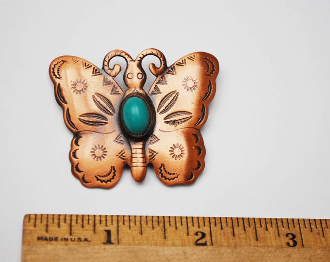Copper Butterfly brooch- Signed Solid Copper -Turquoise cabochon - Insect figurine pin