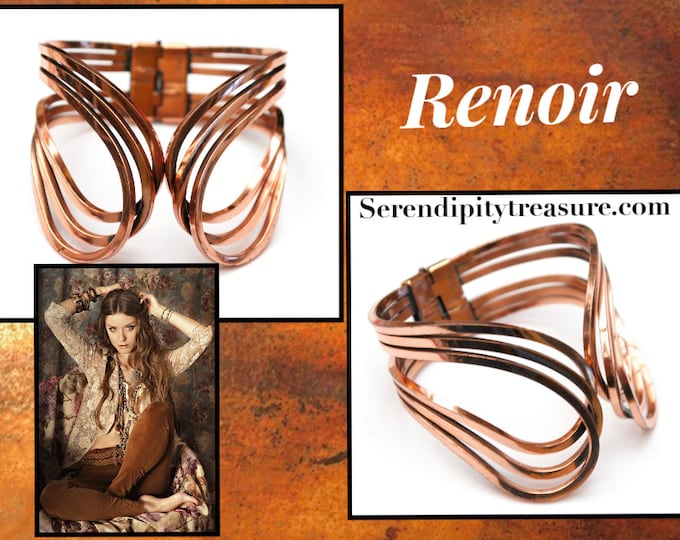 Renoir Copper Bangle - Hinged Bracelet - wide wire - Scroll Rhythm- bangle cuff - Mid century Mod