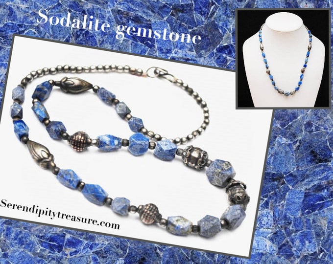 Sodalite Silver bead necklace - blue white gemstone - silver brass copper beads - Boho India style 19 inches